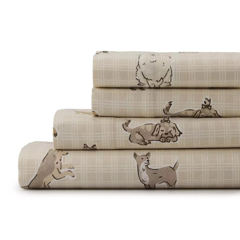 Cuddl Duds Full Sheet Set Plaid Dogs Heavyweight Flannel 100% Brushed Cotton NEW